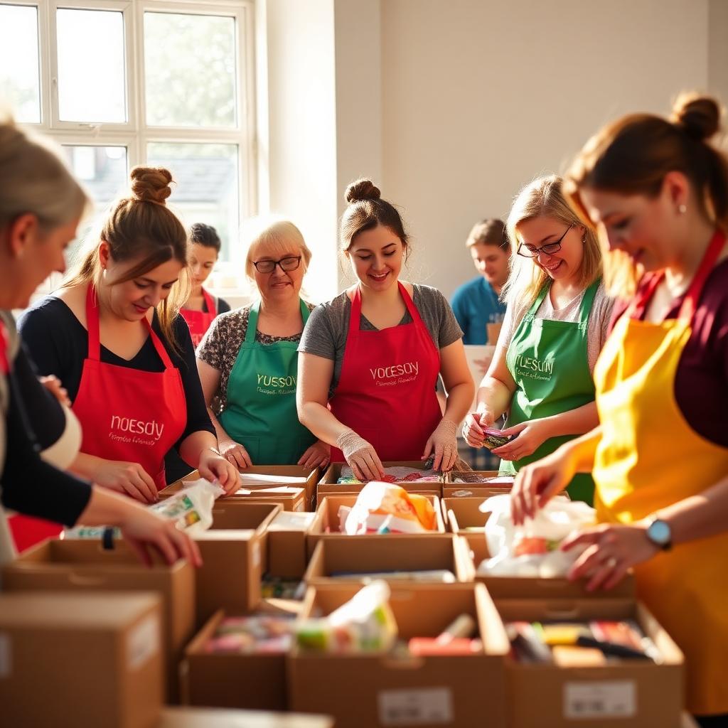 Volunteers packing food parcels together