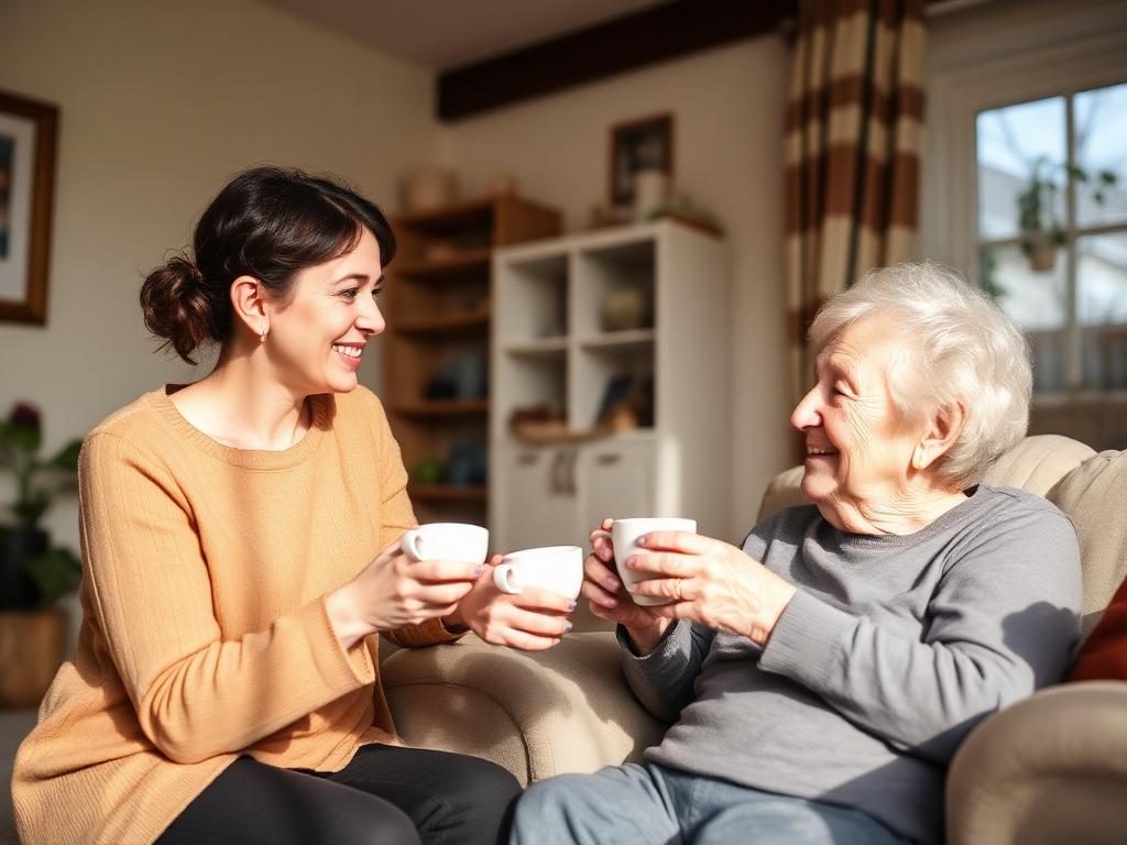 A volunteer sharing tea and conversation with an elderly resident