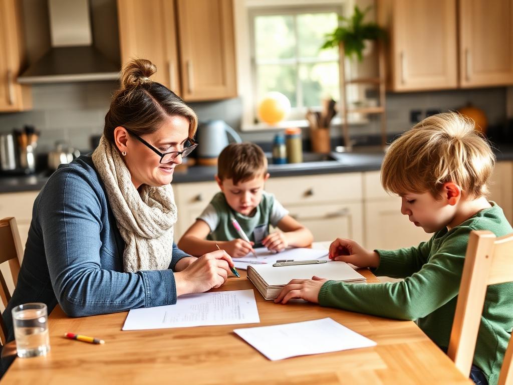 A family mentor helping children with homework at a kitchen table