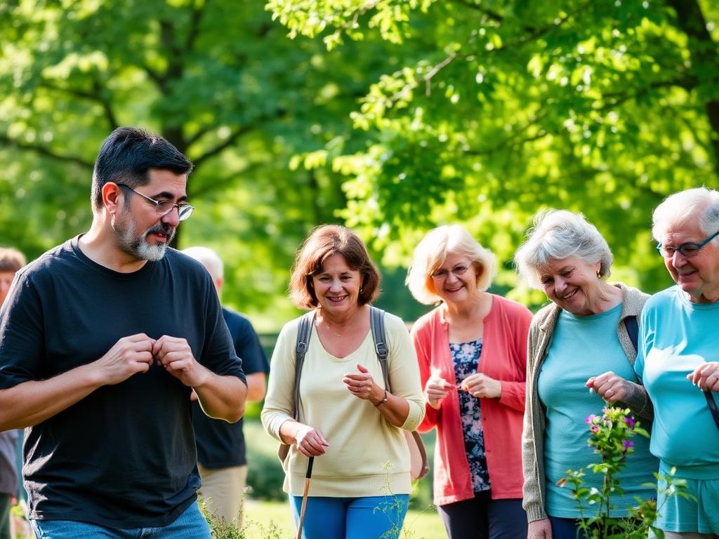 A group enjoying an outdoor wellbeing activity in a park